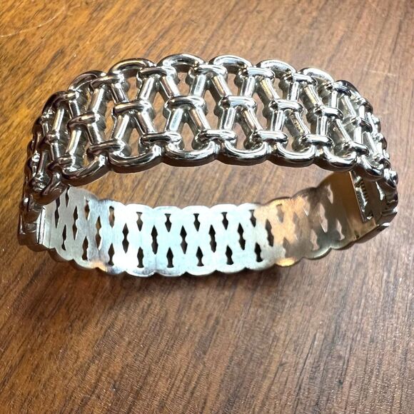 Hinged Woven Cuff Bracelet Statement Jewelry Silver - Picture 2 of 12
